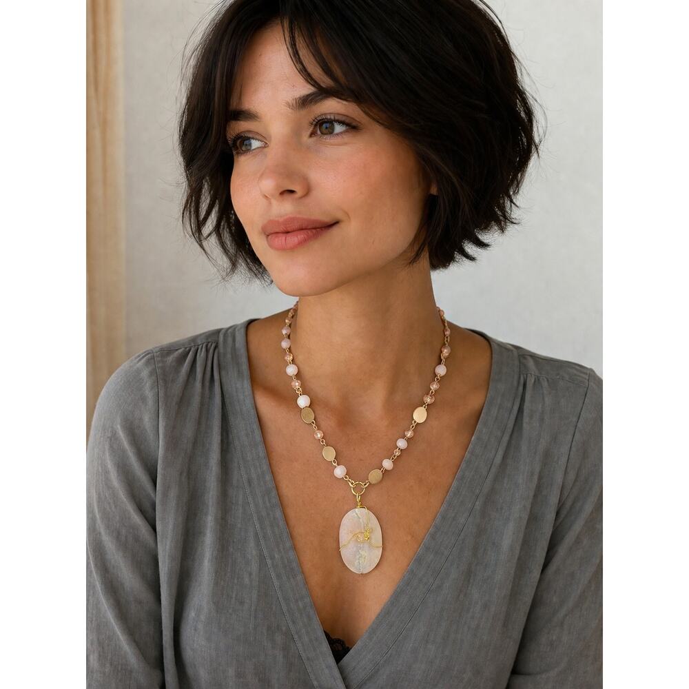 Rose Quartz 20" Necklace & Earring Set 1 1/2" Oval Cabochon glass bead gold wire